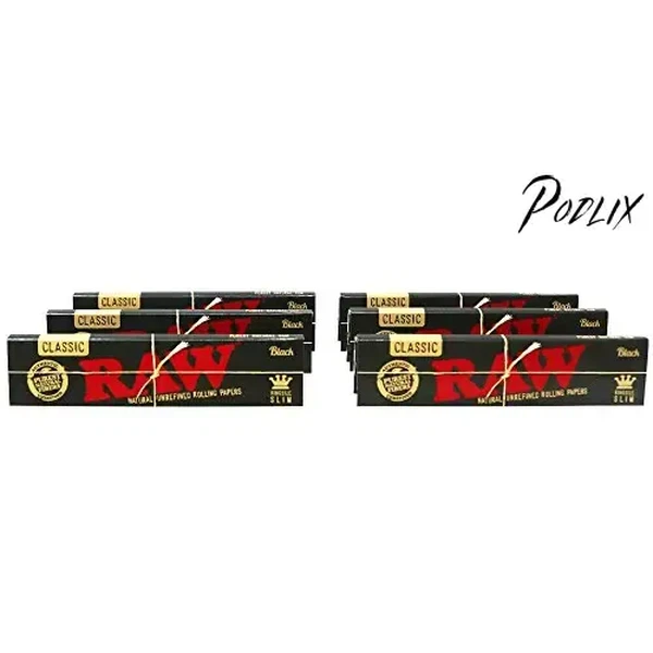 RAW Classic Black King Size Slim Natural Unrefined Ultra Thin 110mm Rolling Papers (6 Packs)-