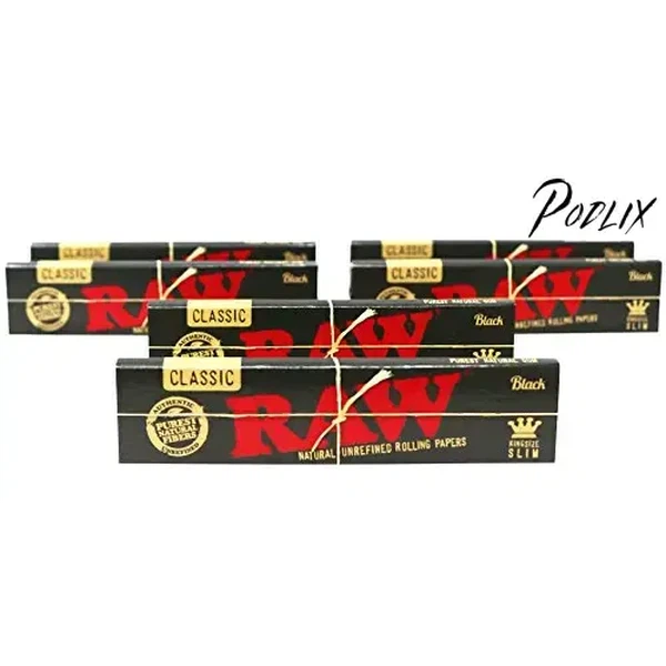 RAW Classic Black King Size Slim Natural Unrefined Ultra Thin 110mm Rolling Papers (6 Packs)-