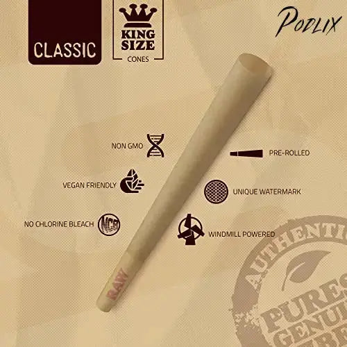 RAW Cones Classic King Size | 50 Pack | Natural Pre Rolled Rolling Paper with Tips & Packing Tubes Included-