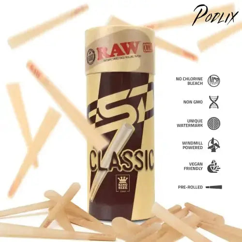 RAW Cones Classic King Size | 50 Pack | Natural Pre Rolled Rolling Paper with Tips & Packing Tubes Included-
