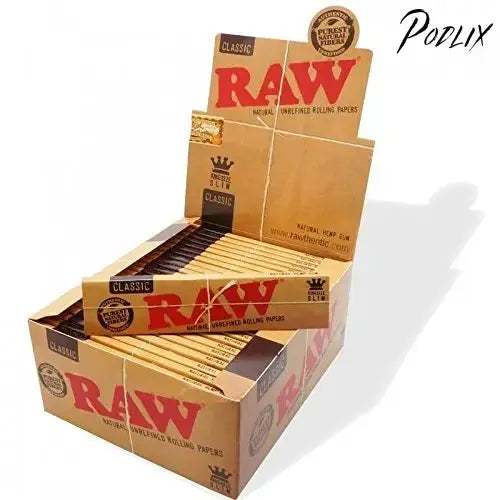 Raw Classic King Size Slim Rolling Paper Full Box of 50 Packs-