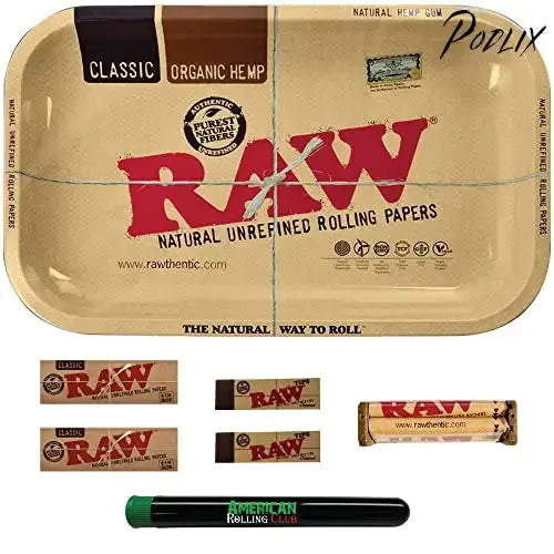 RAW Rolling Tray Combo Includes Tray, 1 1/4 Rolling Papers, Original Tips, and RAW 79mm Rolling Machine and American Rolling Club Tube (Small)-