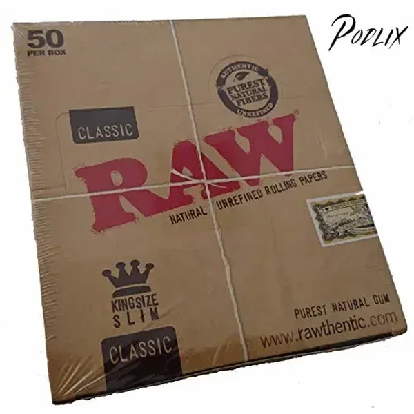 Raw Classic King Size Slim Rolling Paper Full Box of 50 Packs-